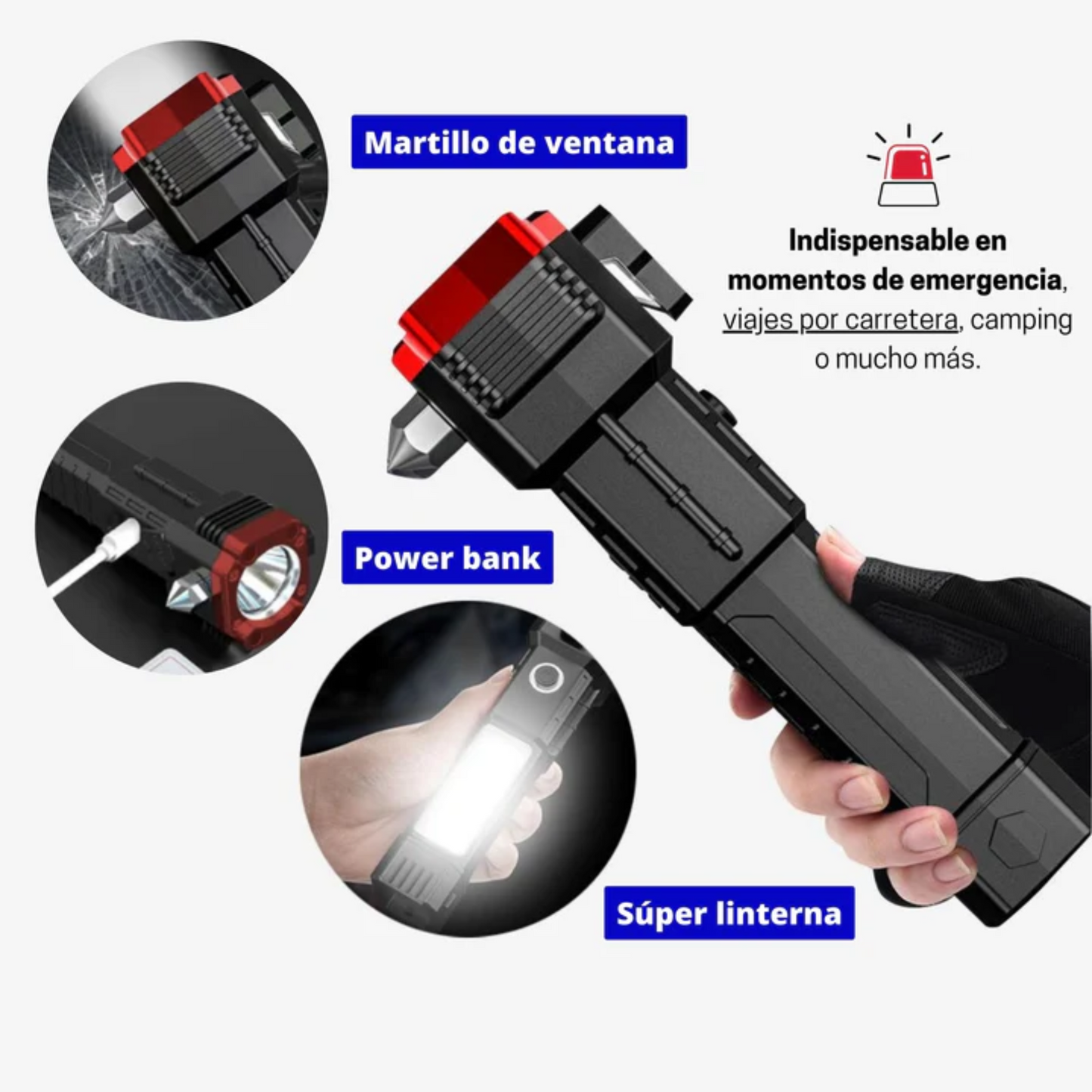 😍 LINTERNA 4 EN 1, 🔦 LINTERNA, 🔨MARTILLO, 🔪CUCHILLA, ⚡ CARGADOR, ♒RECISTENTE AL AGUA Y IMÁN 🧲✅