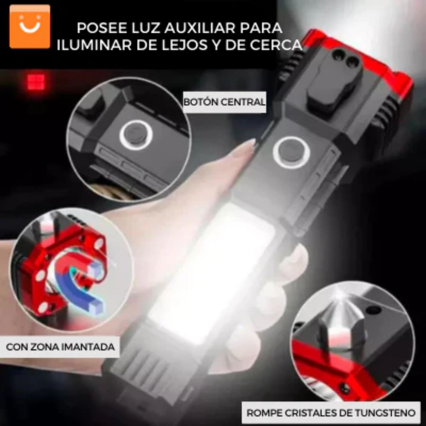 😍 LINTERNA 4 EN 1, 🔦 LINTERNA, 🔨MARTILLO, 🔪CUCHILLA, ⚡ CARGADOR, ♒RECISTENTE AL AGUA Y IMÁN 🧲✅